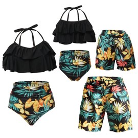 Matching Family Swimwear Set Womens Girls Two Pieces Bikini Set Mens Bathing Suit Boys Swimtrunks Black