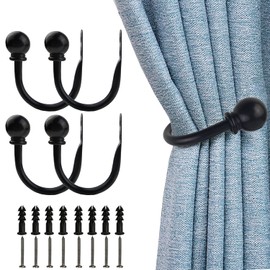 Kowibcl - Soportes para cortinas, ganchos con tornillos montados en la pared, decorativos para recámara, sala de estar, oficina, remates de bolas negras (4 unidades)