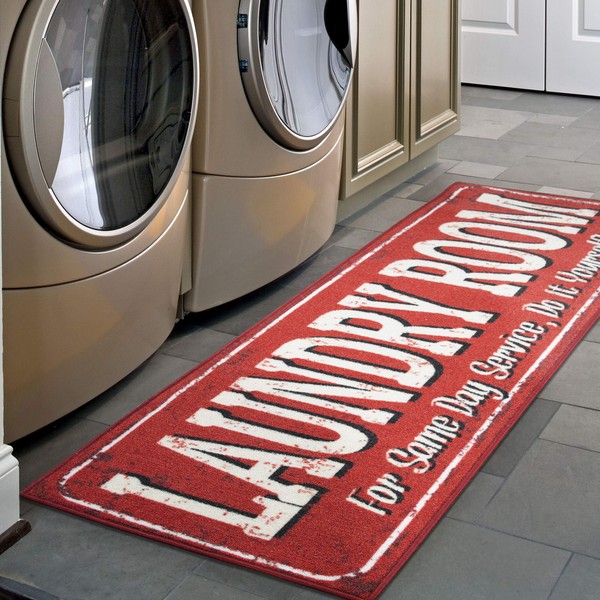 Ottomanson Laundry Collection Non-Slip Rubberback Laundry Text Design 2x5 Laundry Room Runner Rug, 20" x 59", Red