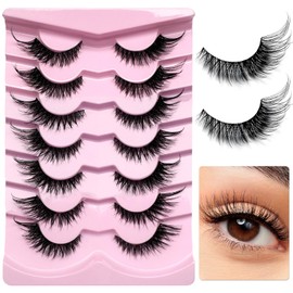 LoveOurHome 7 Pairs Fake Eyelashes Fluffy False Eyelashes Cat Eye Faux Mink Wispy Lashes Natural Look Lash Extension Strip Eye Lashes 6-19mm 6D Volume False Lashes with Tweezers for Women Teen Girls