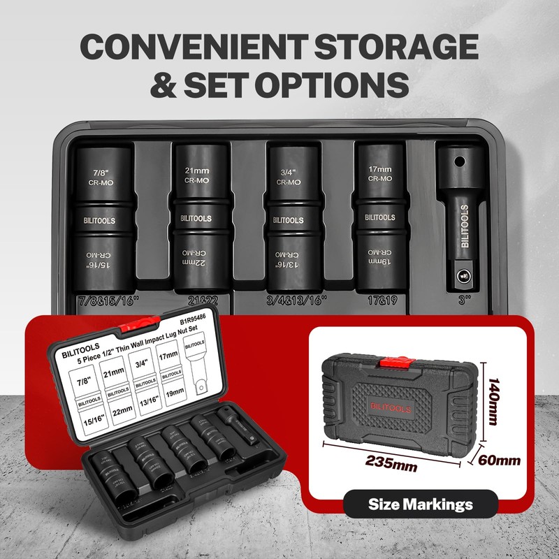 BILITOOLS Lug Nut Socket Set, 1/2 inch Drive Non-Marring Impact