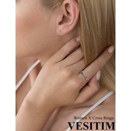 Vesitim X Ring 925 Sterling Silver Rings-Women X Criss Cross Eternity Rings Rhodium Plated 1mm Birthstone Stackable Band for Jewelry Gift Size 5-10, Size 9, Cubic Zirconia, 04-April-Apr, NR7410BD-9