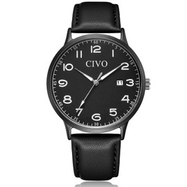 CIVO Watches Men's Women's Leather Bracelet Watch – Minimalist Design Watch Analogue Quartz Classic Men's Watch Women's Watch Date Luminous Waterproof – Gifts for Men Women, Men's black