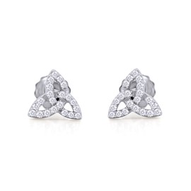 AFFY 1/10 CT Round Cut Natural White Diamond Triangle Celtic Knot Screw Back Stud Earrings In 14K White Gold Plated Sterling Silver For Women (Color: I-J, Clarity: I2-I3, 0.10 Cttw)