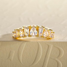 Gobaalele 2.1cttw Cubic Zirconia Yellow Gold Half Eternity Wedding Band Ring 5A Grade Lab Grown Diamond CZ 9 Stones Enhancer Curved Stackable Promise Anniversary Band Ring for Women Size6