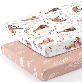 GRSSDER Stretchy Ultra Soft Jersey Knit Fitted Pack n Play Sheets Set 2 Pack, Fit Portable/Mini Crib, Playards Mattress Pads Safe and Snug, Pretty Fox for Baby Girls, CC329, Darksalmon