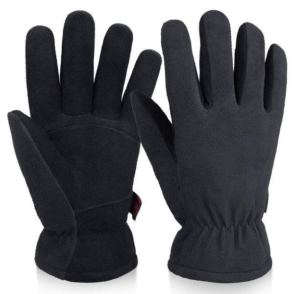Mens Womens Winter Gloves for Cold Weather Waterproof Wind Resistant Deerskin Leather Insulated Work Glove for Driving Cycling Hiking (Black)
