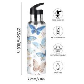 Stainless Steel Water Bottle with Straw, Butterfly Insulated Drink Flask Sports Water Bottle for Kids Adults, Leakproof, 600ml