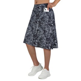 beroy Knee Leng Skirts for Women,Midi Length Skirts with Shorts Grey White Leaf 2XL