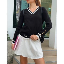 Zeagoo Women Business Sweater Long Sleeve Casual Outfits Pullover Work V Neck Ribbed Knit Lightweight Dressy Going Out Tops Black-White