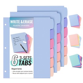 Sooez 6-Tab Durable Plastic Write & Erase Big Tab Dividers for 3 Ring Binder, Aesthetic Cute Pastel Binder Dividers for Student, Teacher, Office, Home Organizers, 3 Sets, Elegant