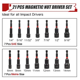 21PCS Magnetic Nut Driver Set, Impact Driver Socket Sets, Impact Drill Bit 1/4'' Hex Shank, Cr-V Steel Power Drivers with SAE (1/4" to 9/16"), Metric (6-14mm) Size, Long Nut Quick Release Drive