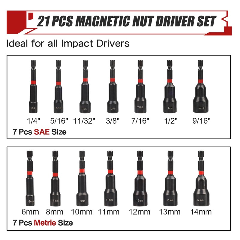 21PCS Magnetic Nut Driver Set, Impact Driver Socket Sets, Impact