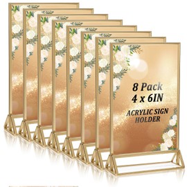 Wanmu 8Pcs Acrylic Sign Holders with Golden Border, 4x6 Inches Double Sided Clear Picture Photo Frames Display Stand, Menu Flyer Holder for Wedding reception, Centerpiece, Decoration, Party