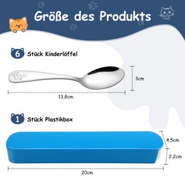 TEAMFAR Children's Cutlery Set, 6 Pieces Stainless Steel Polished Children's Spoon with Cat Engraving, Children's Cutlery Set from 1-3 Years, Toddler Spoon Set with Travel Case for Boys and Girls,