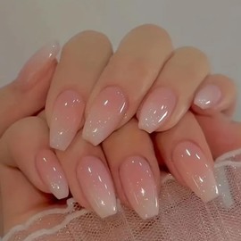 24Pcs Medium Length Press on Nails, Coffin False Nails French Tip Pink Gradient Fake Nails with Elegant Design, Glossy Removable Glue on Nails Set Ballerina Acrylic Stick on Nails for Women Girls