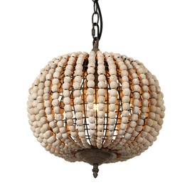 Newrays Wood Bead Chandelier Pendant Gray White Finishing Bohemian Boho Beachy Ceiling Lamp Light Fixtures (Globe)