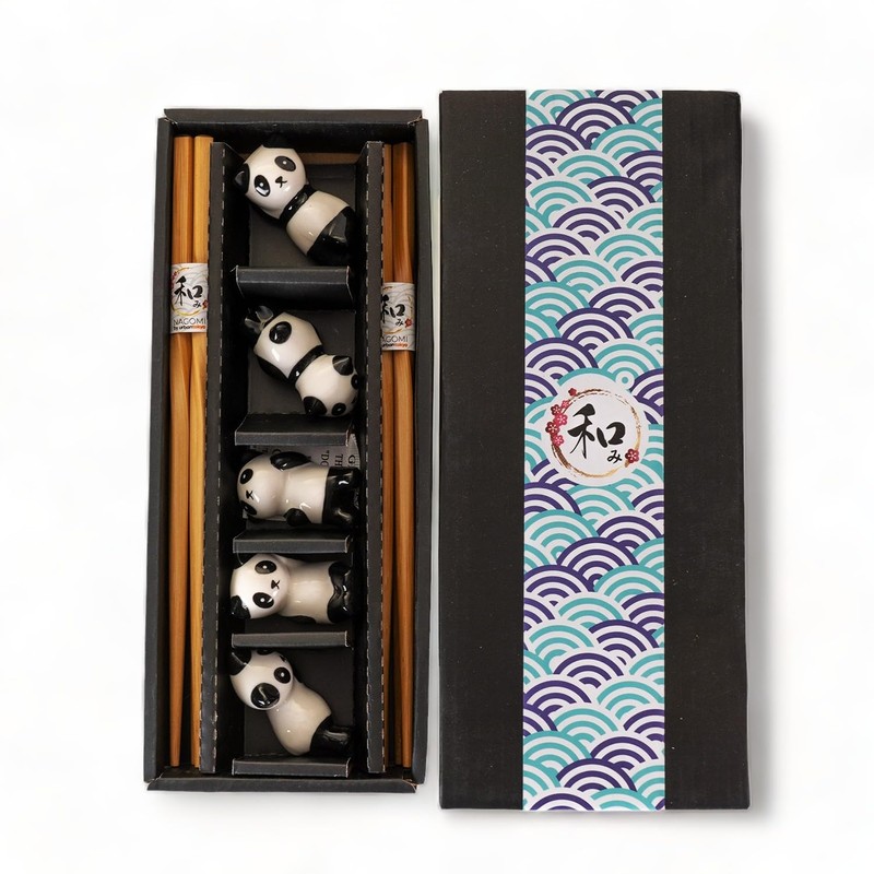 5 Pair Japanese Asian Bamboo Chopsticks Set with Panda Ceramic