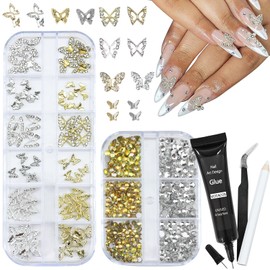 VOTACOS Butterfly Nail Charms Rhinestones Gold Silver Nail Art Gems with Nail Glue Gel Nail Supplies Luxurious Crystal AB Rhinestones Nail Accessories Jewelry for Women Nail DIY Design
