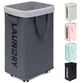 Goodpick Laundry Basket with Wheels, Laundry Hamper with Removable Wash Bag, Clothes Hamper, Rolling Laundry Basket with Wheels, 75L, Grey