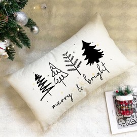 Ogiselestyle Christmas Merry & Bright Trees Throw Pillow Cover, 12 x 20 Inch Winter Holiday Cushion Case Decoration for Sofa Couch (Beige)