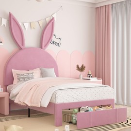 VECELO Twin Upholstered Bed Frame with Storage Drawer, Platform Bed Frame with Adjustable Rabbit Headboard, Heavy Duty Wood Slats Support, No Box Spring Needed, Pink