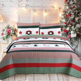 Cozy Line Home Fashions Rustic Christmas True Patchwork Trees Stars Moose Wreaths Reversible Quilt Bedding Set, Coverlet Bedspread (Rustic Christmas, Queen - 3 Piece)