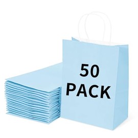 BAG BOX 50 Pack Medium 8.25x4.3x10.6 Inch Blue Kraft Paper Gift Bags with Handles for Bulk Shopping, Retail, Craft, Party Favors, Wedding, Grocery & Sacks