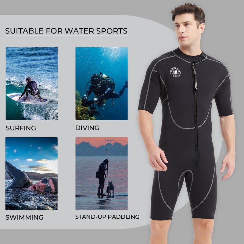 Lemorecn Wetsuits Mens Front Zip Neoprene 3mm Shorty Diving Suit(CA3016black-XL)
