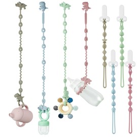 PandaEar 8 Pack Baby Toy Straps & Silicone Pacifier Clips, Dinosaur Silicone Pacifier Teether Harness Straps and Pacifier Holder Clips with One Piece Design for Baby Boys & Girls