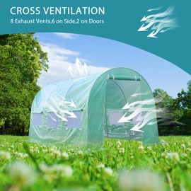 Replacement Cover for Portable Greenhouse, Large Walk-in Green Hot Garden House Top Tarp 2 Zippered Doors Green 6 Roll-up Windows (Frame Does NOT Included) (12 x 7 x 6.7 ft)