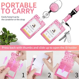 Id Badge Holder with Lanyard,Retractable Badge Holders Reels,Breakaway Lanyards for ID Badges,Cute Fashion Key Chain Keychains,Badge Clips for School Office(Pink Leopard Pattern)