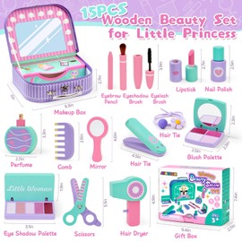 Toyssa Wooden Pretend Makeup for Toddlers 3-5, Kids Makeup Sets for Girls 3-4 with Storage Box, Princess Pretend Play Beauty Salon Toys Kits, Christmas Birthday Gifts for Girls Toys Aged 3 4 5 6 7