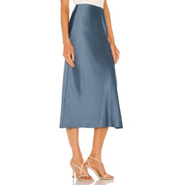 Skrtimory Womens Satin Silk High Waist Slit Midi Skirt Elastic Waistband Midi Skirts for Women