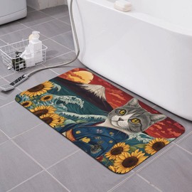 Knerova Japanese Waves Cat Bath mats Quick Dry Absorbent Bath Rugs Rubber Non Slip Bath Mat for Bathroom Floor Tub Shower Sink 16"×24"