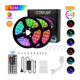 LED Strip Lights Kit 32.8ft 5050 RGB 300led Strips Lighting Flexible Color Changing Rope Lights with 44 Key IR Remote for Room, Home, Kitchen, Party, DC 12V/5A