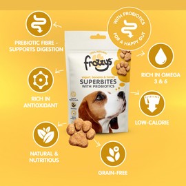 Frozzys Frozzys Superbites Grain Free Dog Treats with Probiotics, Rich in Omega 3/6 for Skin, Coat & Digestive Health - Natural Low Fat Healthy Puppy Training Treats - Yogurt, Banana & Honey, 6 x 100g Pouches