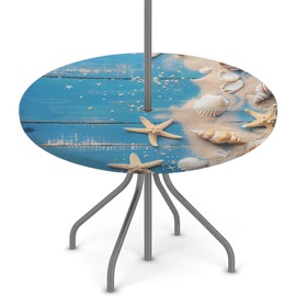 YPPAHHHH Blue Wooden Board Seashells Round Outdoor Tablecloth with Umbrella Hole 45-56 inch Patio Table Cover Hidden Zipper Waterproof Elastic Fitte Table Cloth for Picnic Garden Decor