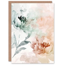Artery8 Greeting Card Peony Flowers Teal Blue Pink Light Watercolour Blank For All Him Or Her Art Birthday Card