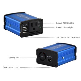 Modified sine wave power inverter 150 watt rated power and 300 watt surge power with 2 USB port output. (Blue)