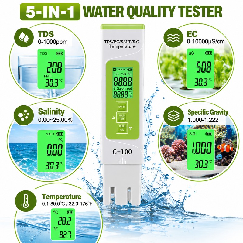 5-in-1 Digital Water Quality Tester for Hydroponics & Aquariums –