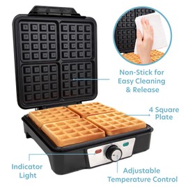 CucinaPro Four Square Belgian Waffle Maker, Extra Large Stainless Steel Kitchen Appliance w Nonstick Waffler Iron Plates Makes 4 Fluffy Waffles, Great Griddle for Family Breakfast or Housewarming Gift