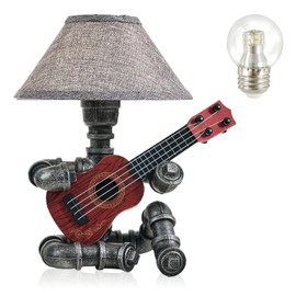 Music Guitar Table Lamp Art Decor Guitar Stuff Cool Gifts for Music Lovers Microphone Players for Men Steampunk Pipe Man Edison Bulb Lamps Retro Guitars Metal Pipe Industrial Robot Lights Silver Gray