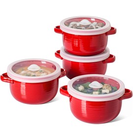 LE TAUCI French Onion Soup Bowls, 28 oz Ceramic Soup Crocks with Handles & Silicone Lids, Oven & Microwave Safe Containers for Meal Prep & Leftovers, Lead & Cadmium Free, Set of 4, Red