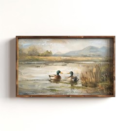 Rustic Mallard Ducks Oil Painting, Woodland Nursery Decor, Vintage Montana Oil Painting, Rustic Cabin Decor, Bird Hunter Gift, Mountain View - Size: 8 x 12 inch, Type: Poster No Frame