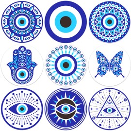BENECREAT 9Pcs Evil Eye Wood Coasters, Butterfly Mandala Flower Wood Drink Coaster Coffee Cup Mat for Kitchen Table Bar Cup Home Dining Decor, 4" Diameter, 5mm Thick