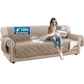 H.VERSAILTEX 100% Waterproof Sofa Covers for 3 Cushion Couch Modern Sofa Cover for Dogs XL Couch Covers for Oversized Sofa with Elastic Straps (Oversized Sofa, Taupe/Beige)