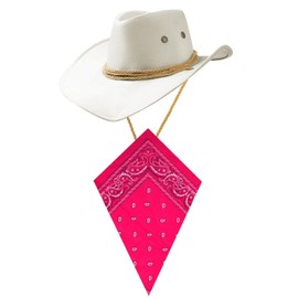 White Cowboy Hat and Pink Bandana Western Sun Cap Faux Felt Leather Suede Fancy Dress Party Costume Outfit Neckscarf Protection Mens Womens