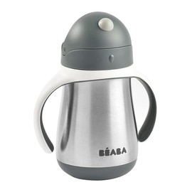 BEABA Taza para sorber con paja de acero inoxidable con asas, taza aislada para niños pequeños/bebés, 8+ meses, 8.5 oz, carbon