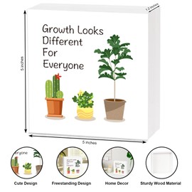 Inspirational Growth Looks Different for Everyone Plant Wooden Box Sign, Motivational Quote Wood Sign Office Desk Decor, Office Home Bathroom Classroom Shelf Decorations, Inspirational Gift